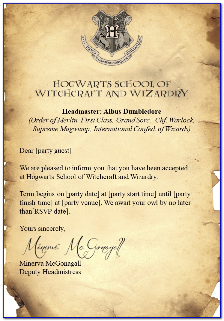 Harry Potter Hogwarts Acceptance Letter Template