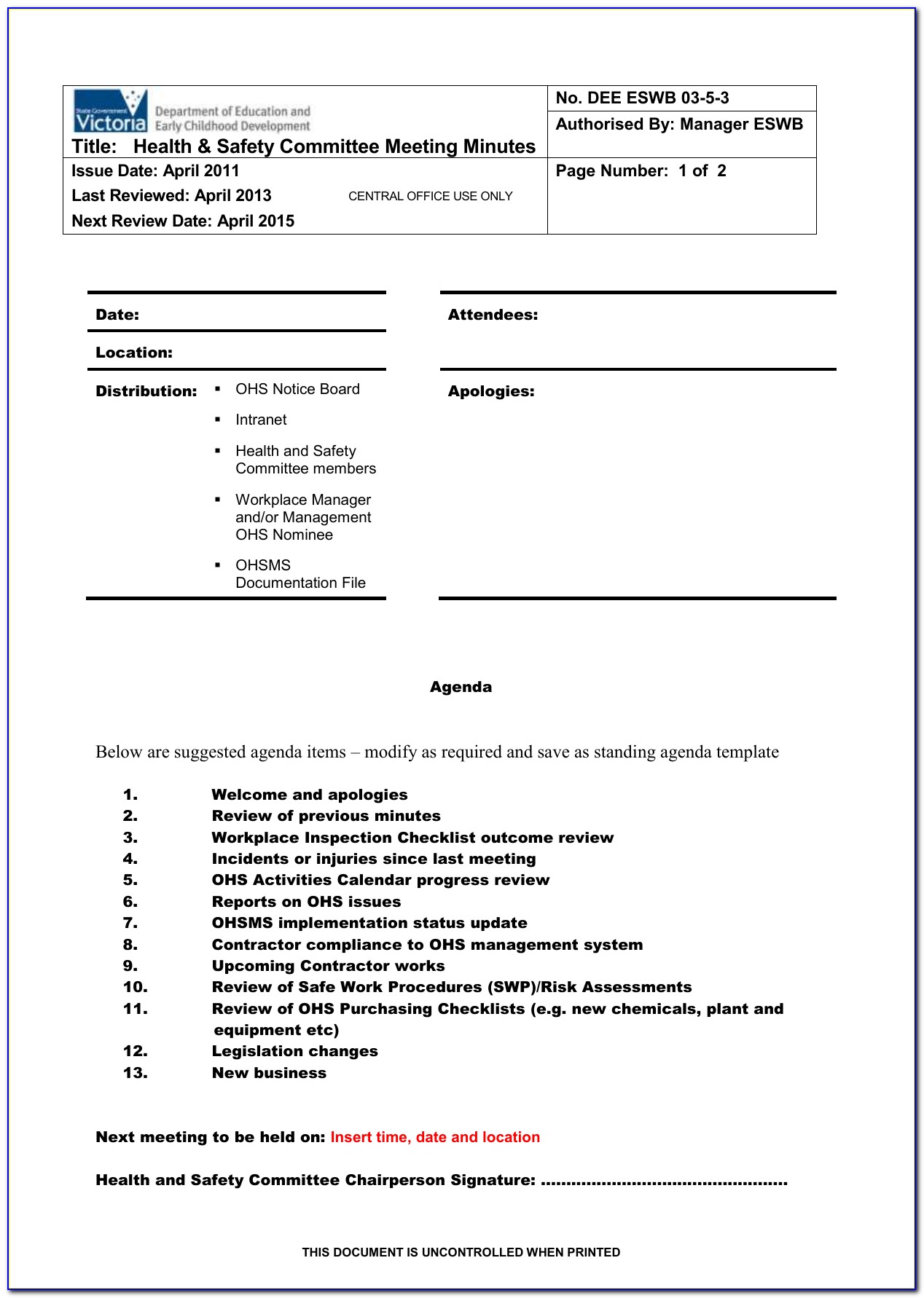 Health And Safety Committee Meeting Minutes Template South Africa