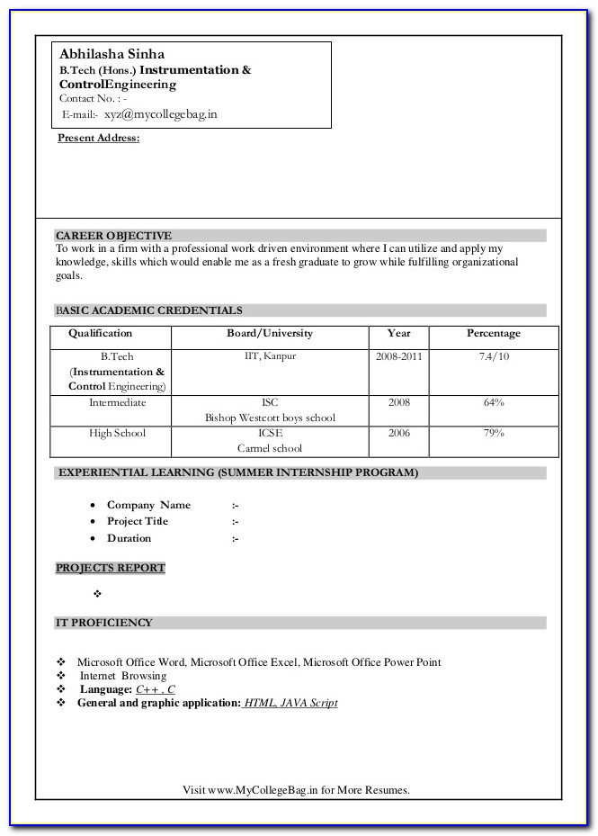Mba Fresher Resume Format Free Download