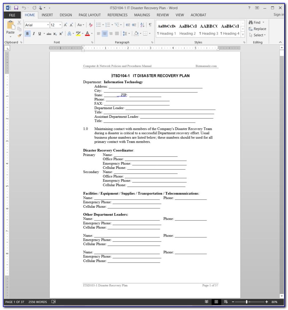 Disaster Recovery Plan Template Free Download