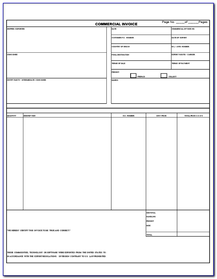 Free Blank Commercial Invoice Forms