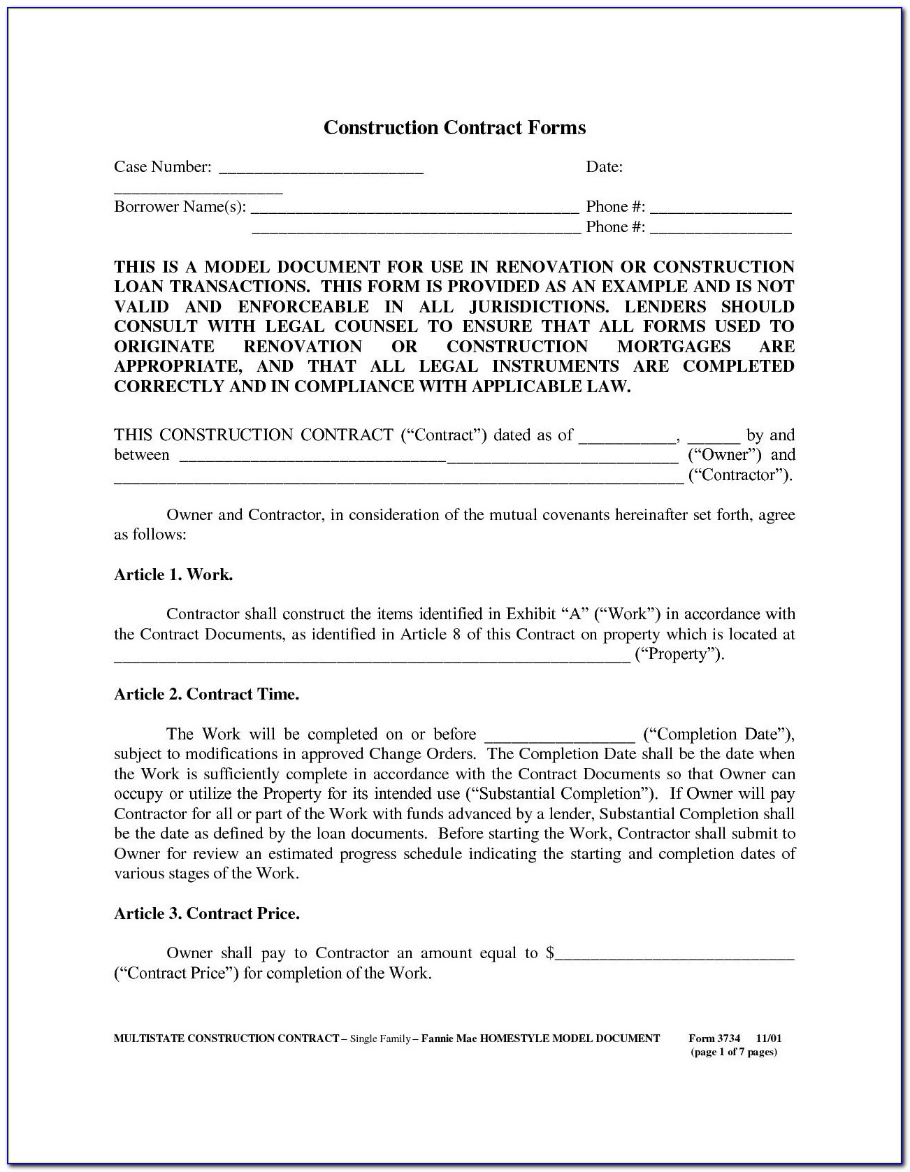 Free Construction Contractor Agreement Template