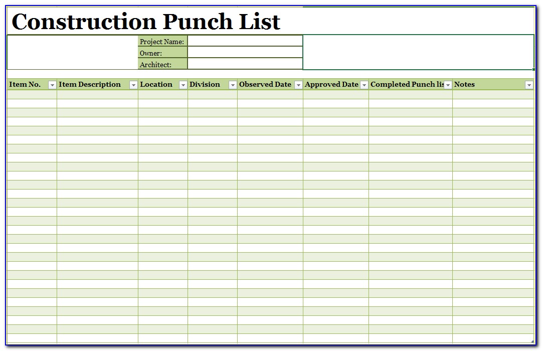 Free Construction Punch List Template