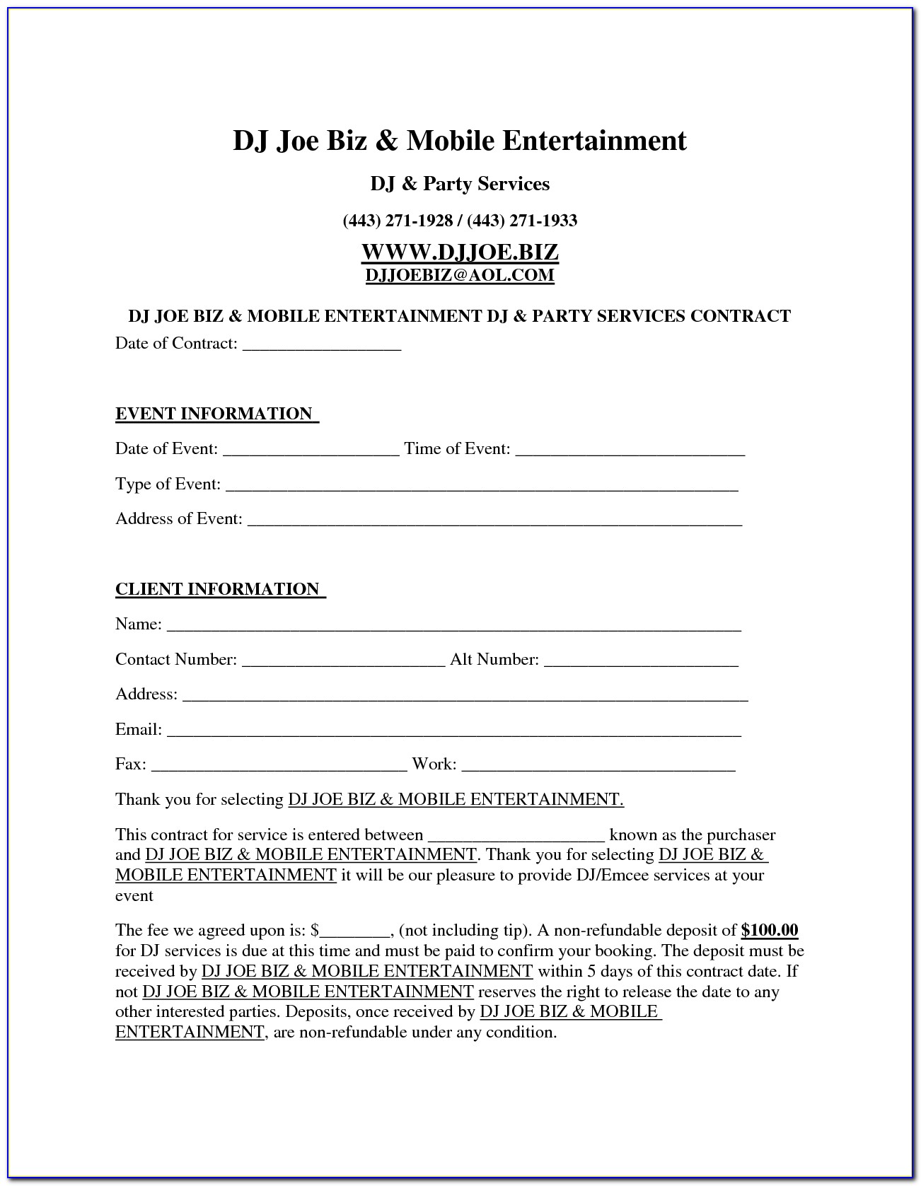 Free Dj Contract Form