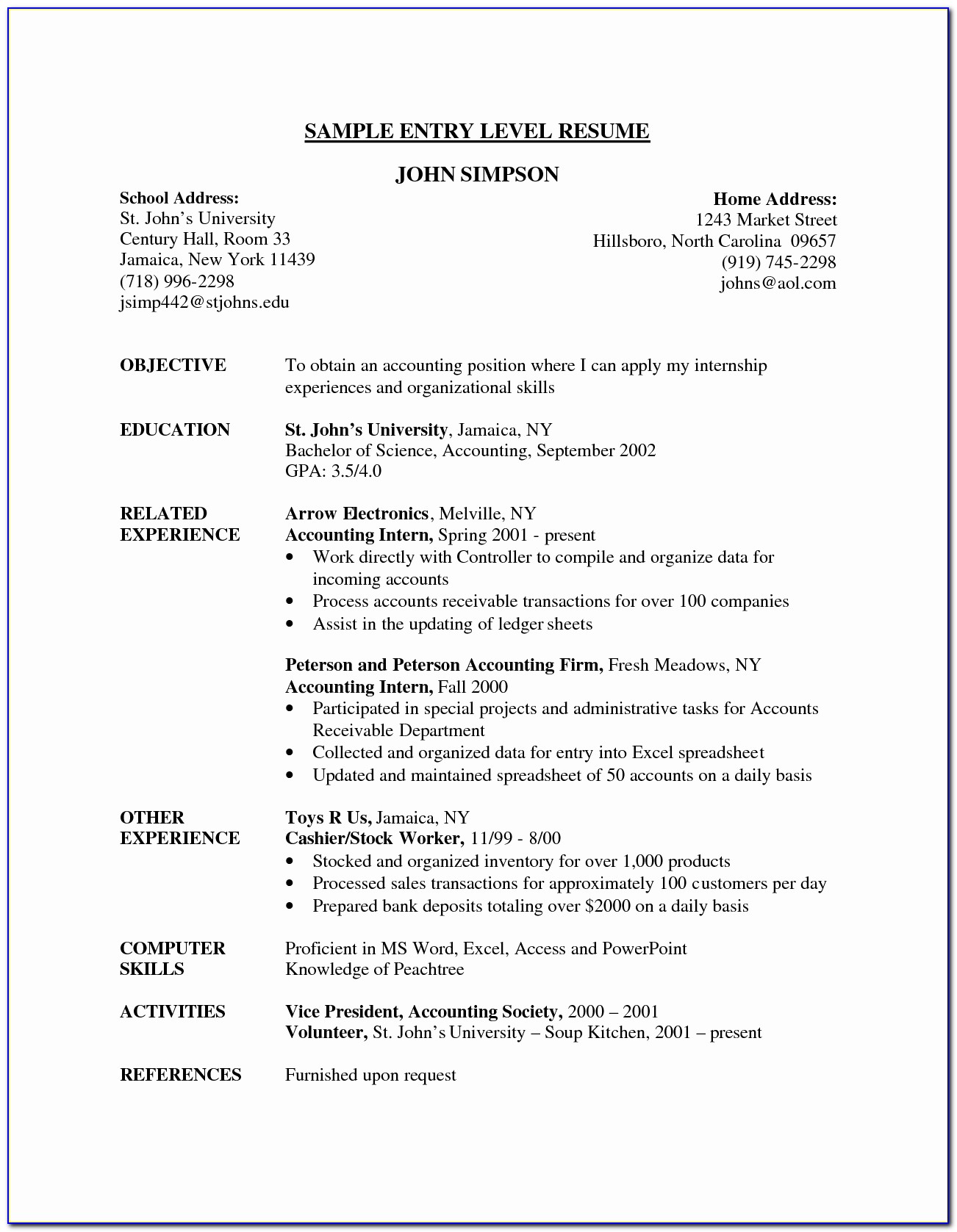 Free Entry Level Resume Examples