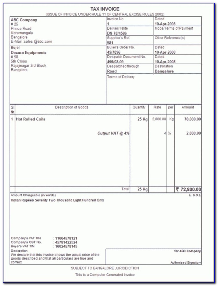 Free Excel Invoice Template India