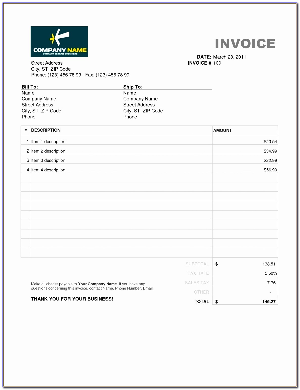 Free Excel Invoice Template Profit Calculator
