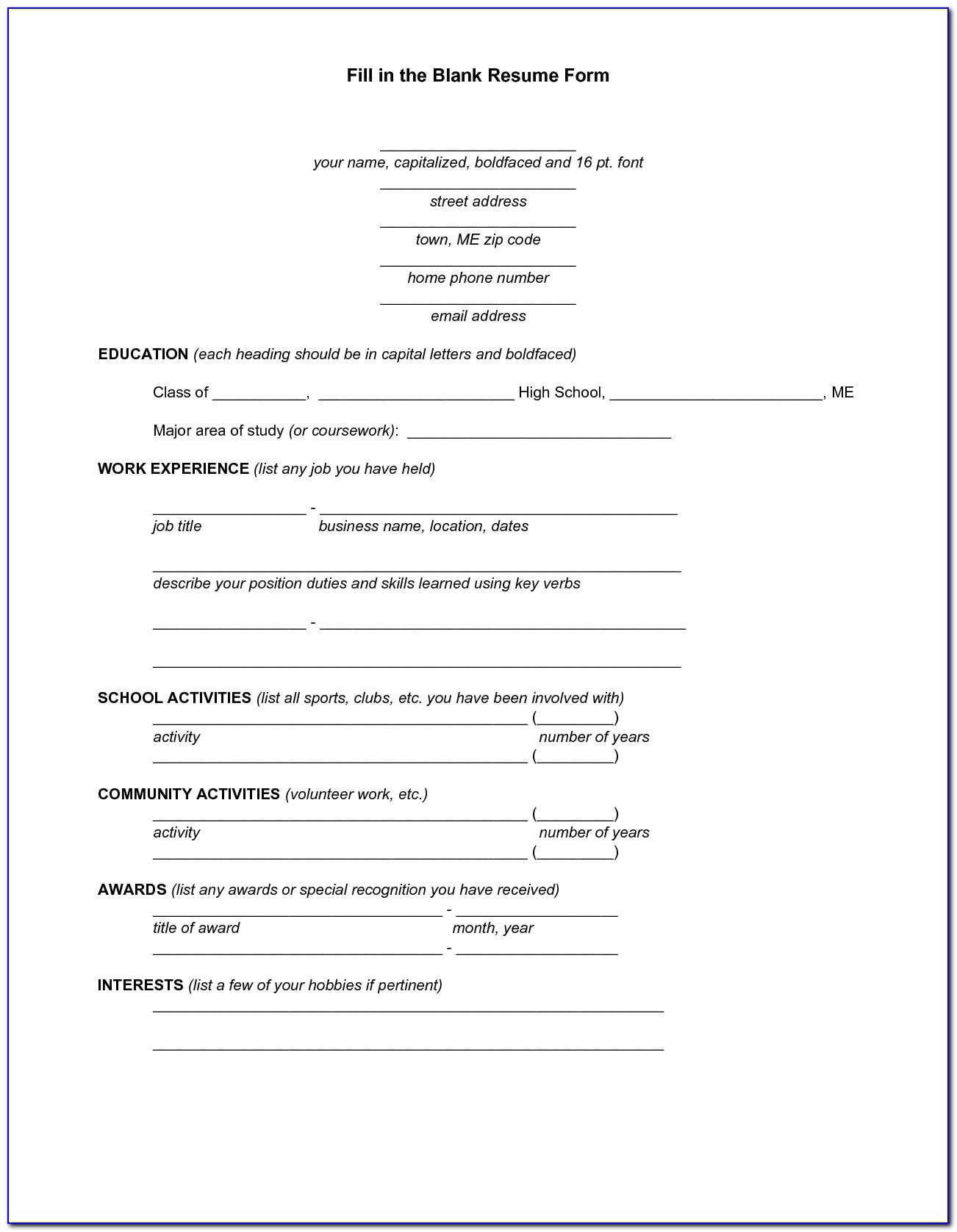Free Fill In Resume Templates