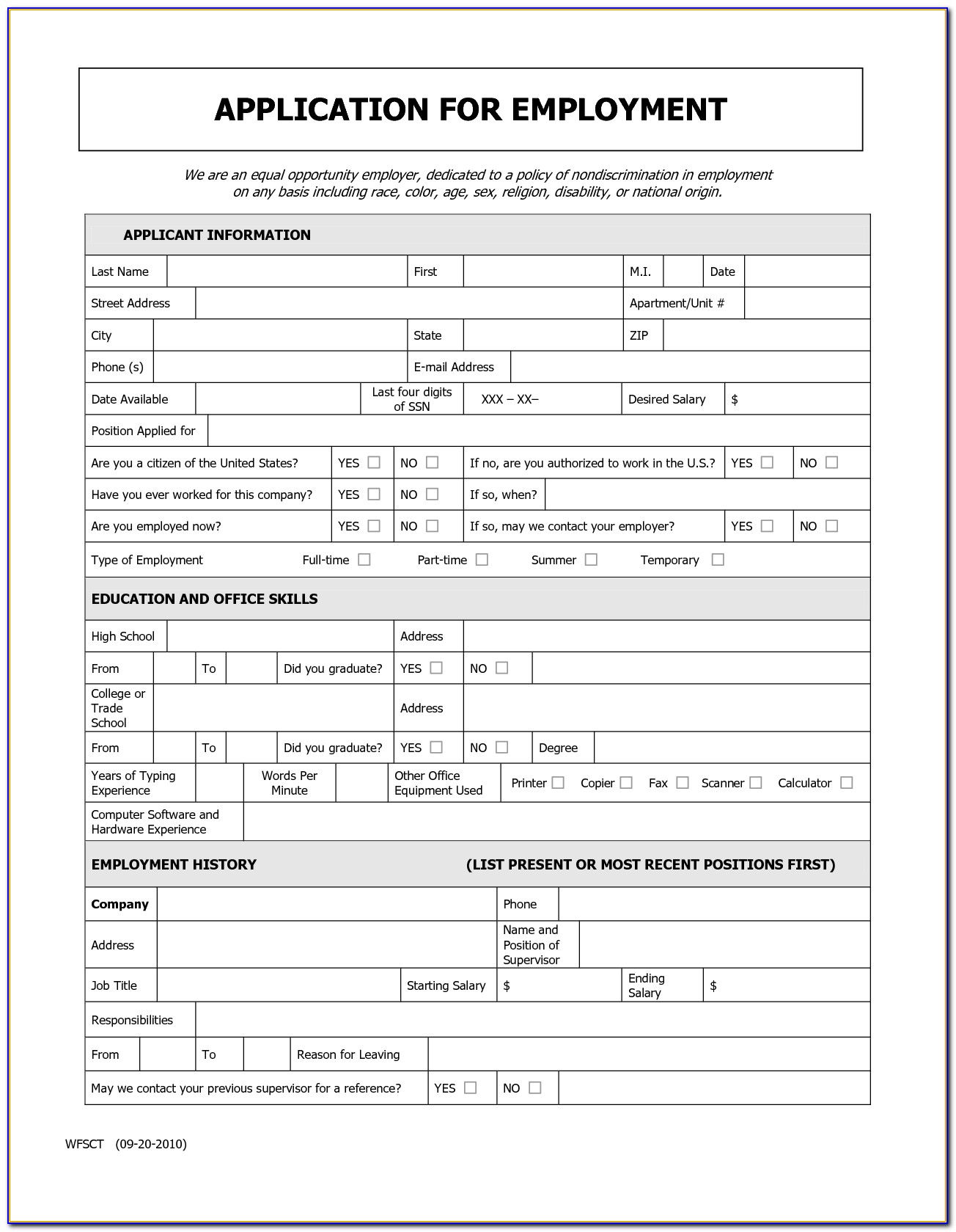 Free Generic Employment Application Form Template
