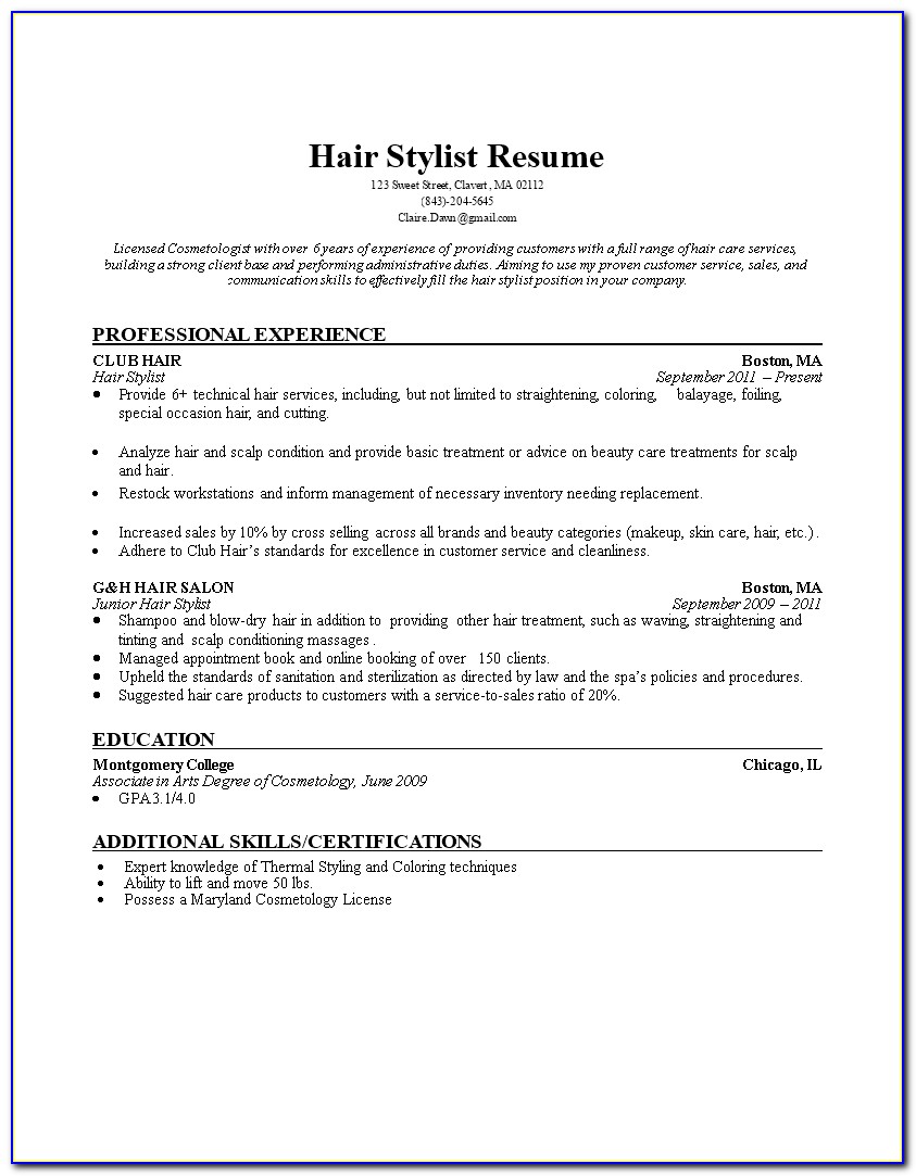 Free Hair Stylist Resume Samples