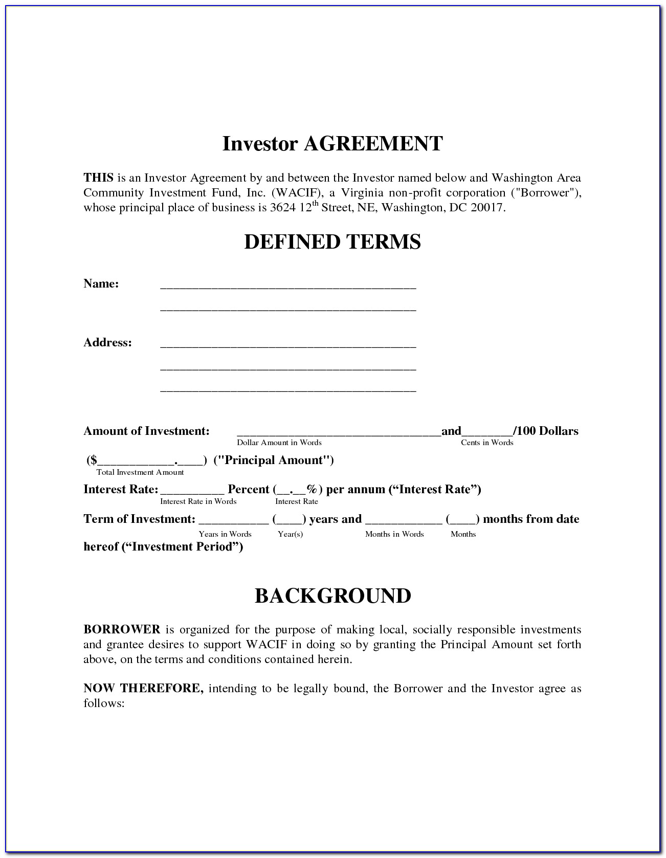 Free Investor Agreement Contract Template