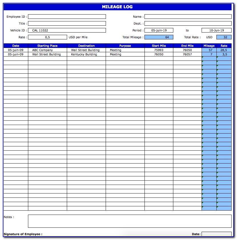 Free Microsoft Excel Mileage Log Template