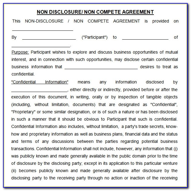 Free Non Disclosure Non Compete Agreement Form