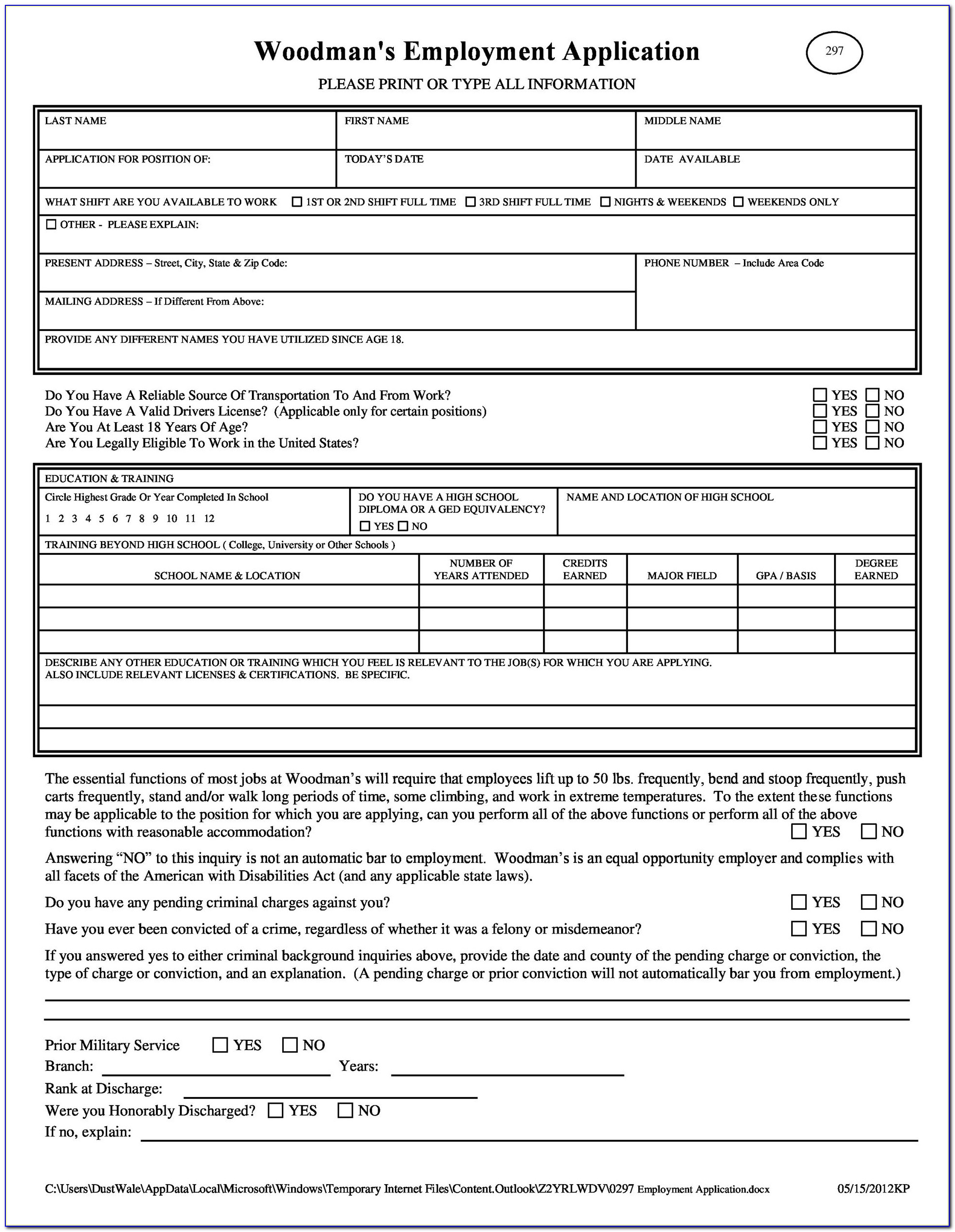 Free Printable Employment Application Form Pdf