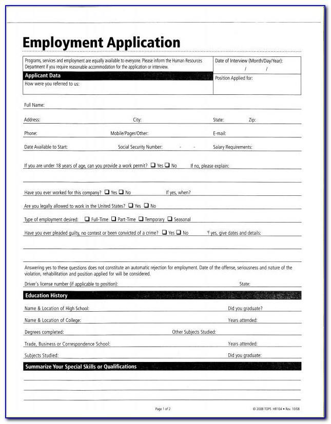 Free Printable Sample Job Application Form