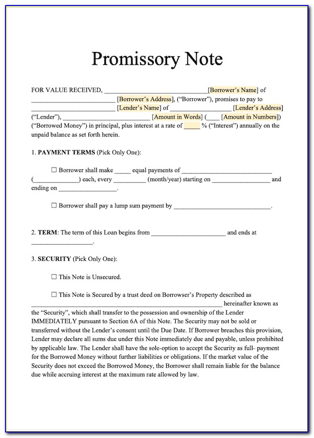 Free Promissory Note Document Template