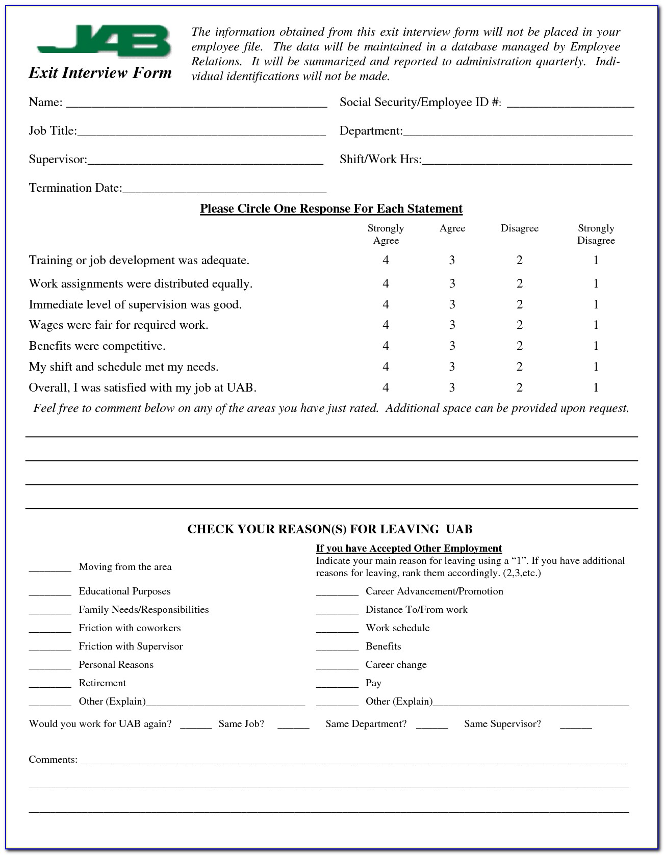 Free Sample Exit Interview Forms