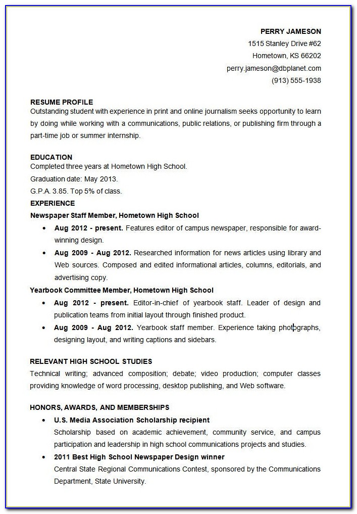 Free Sample High School Resume