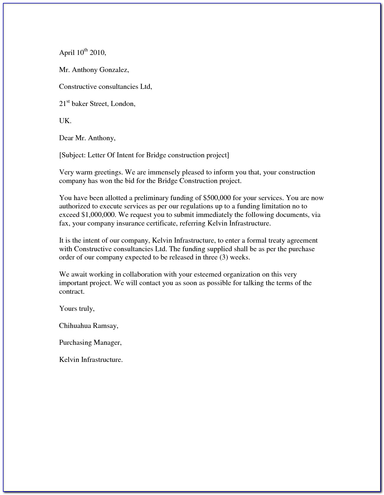 Free Sample Letter Of Intent For Business Proposal