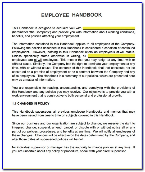Free Sample Of Company Handbook