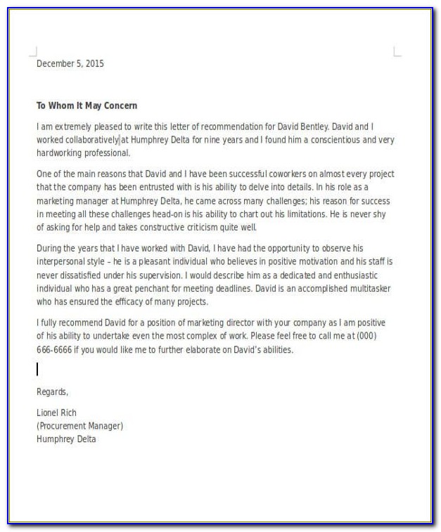 Free Sample Personal Letter Of Recommendation For Employment