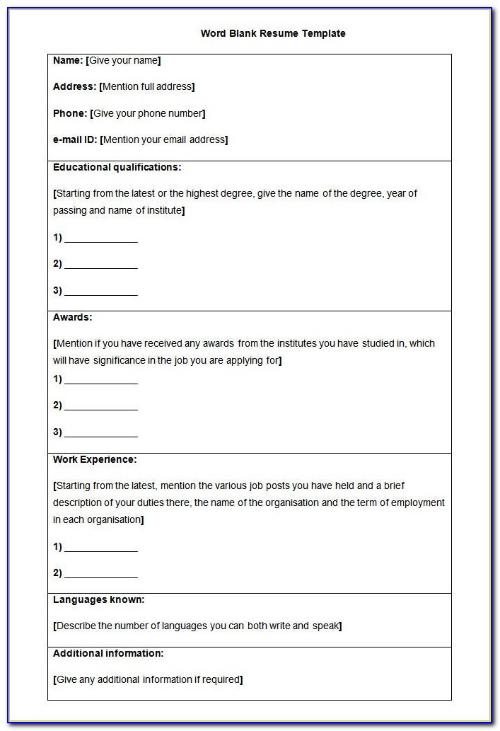 Blank Resume Format For Freshers Free Download