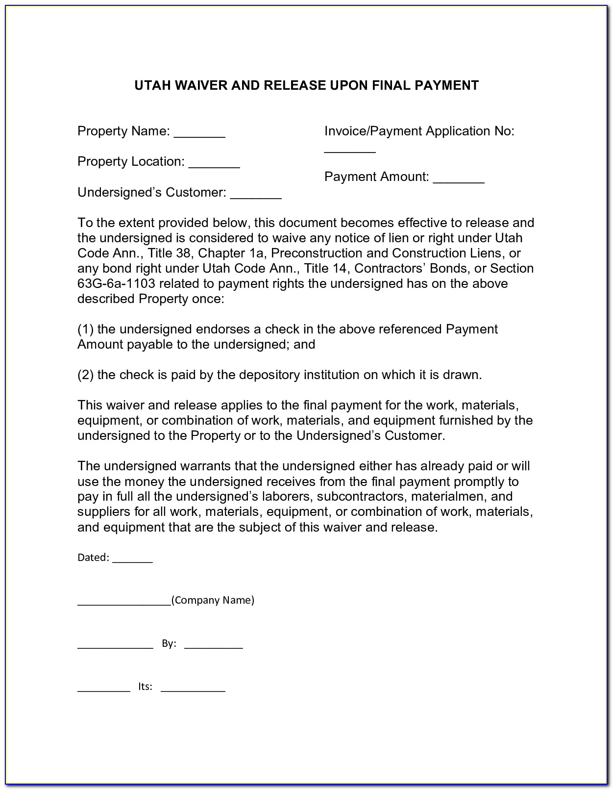 Blank Waiver Of Lien Form Illinois