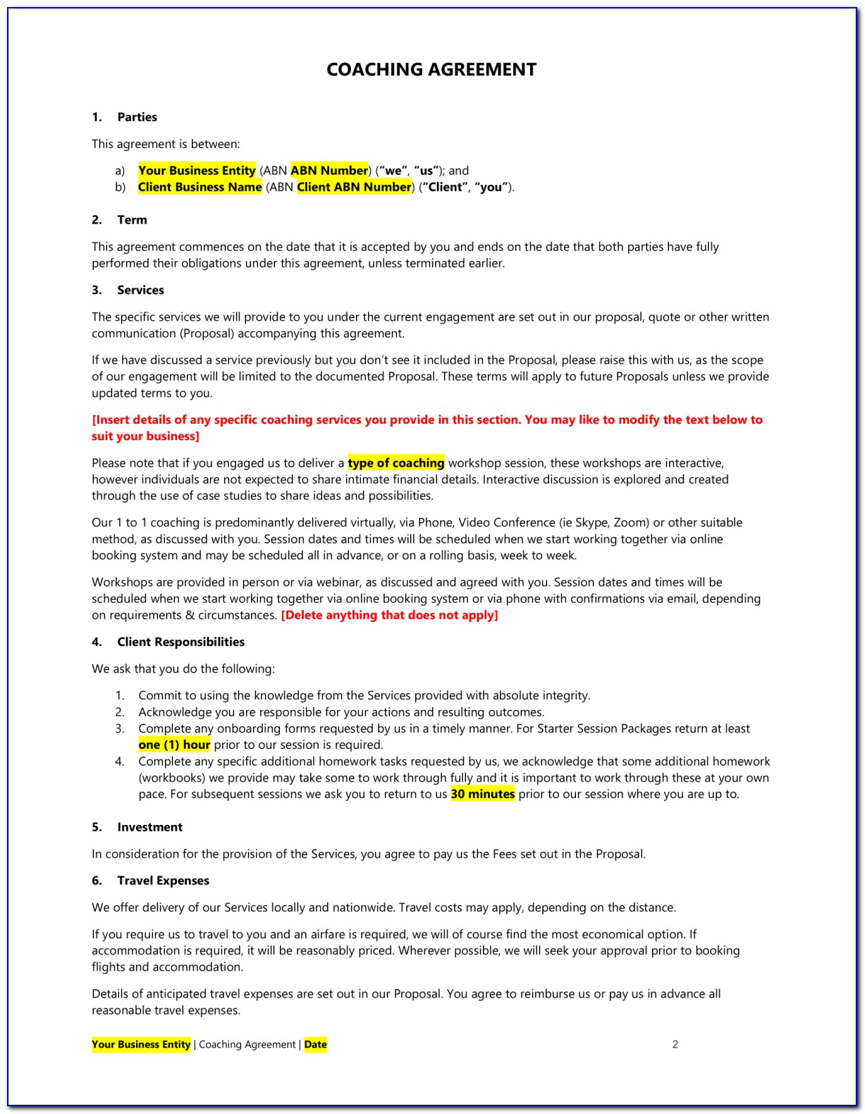 Business Coaching Agreement Form