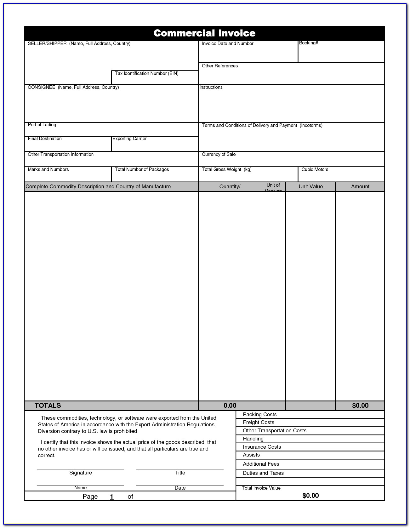 Canadian Export Commercial Invoice Template