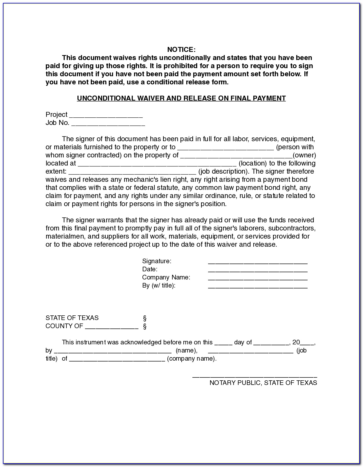 Contractor Final Waiver Of Lien Form Illinois