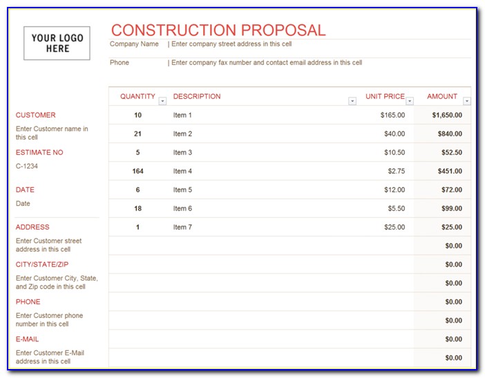 Excel Construction Proposal Template