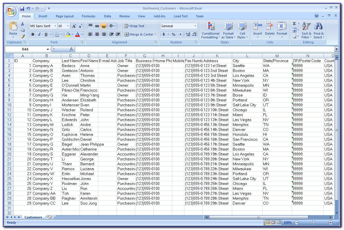 Excel Spreadsheet Database Sample