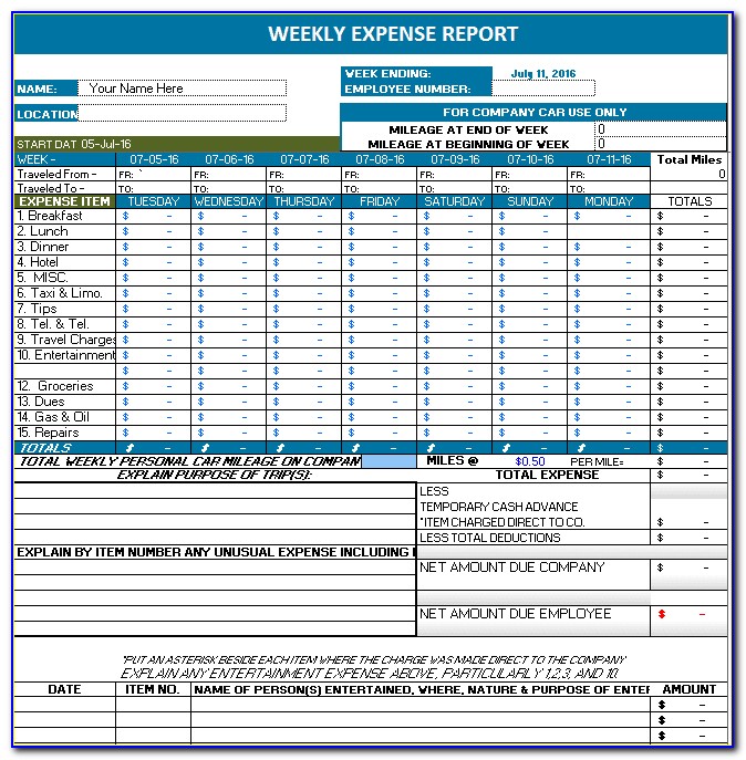Expense Report Excel Sheet Template