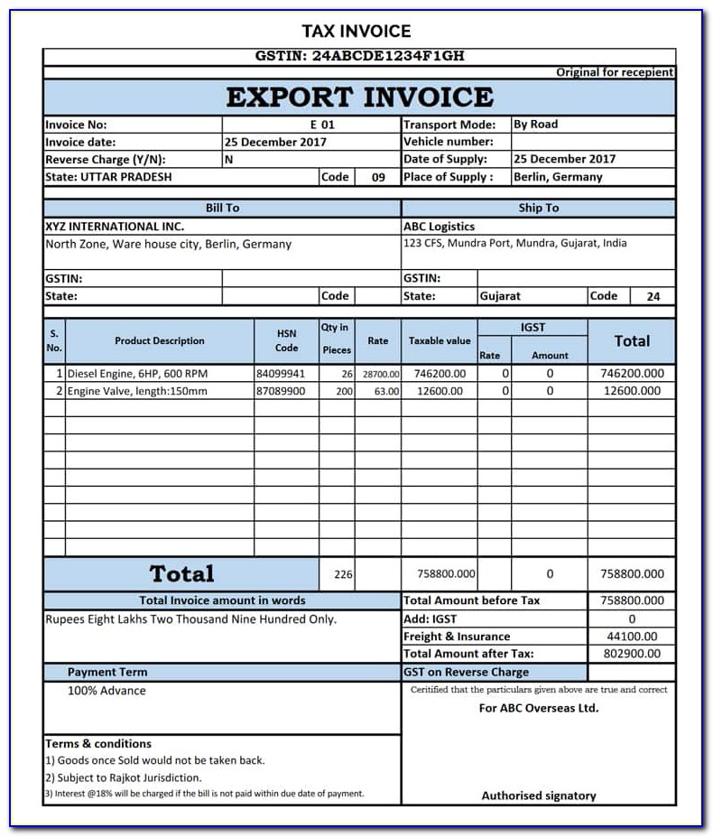 Export Commercial Invoice Format In Excel Gst
