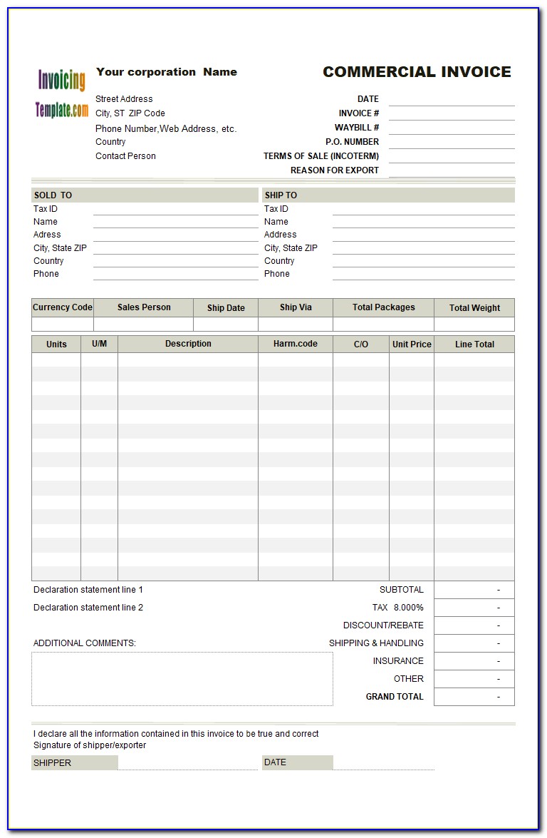 Export Commercial Invoice Template Excel