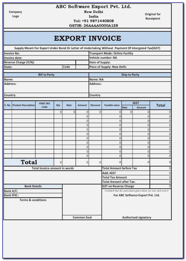Export Invoice Sample Excel