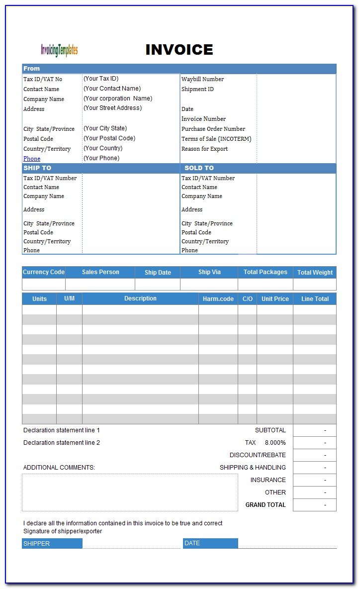 Export Invoice Template Gst