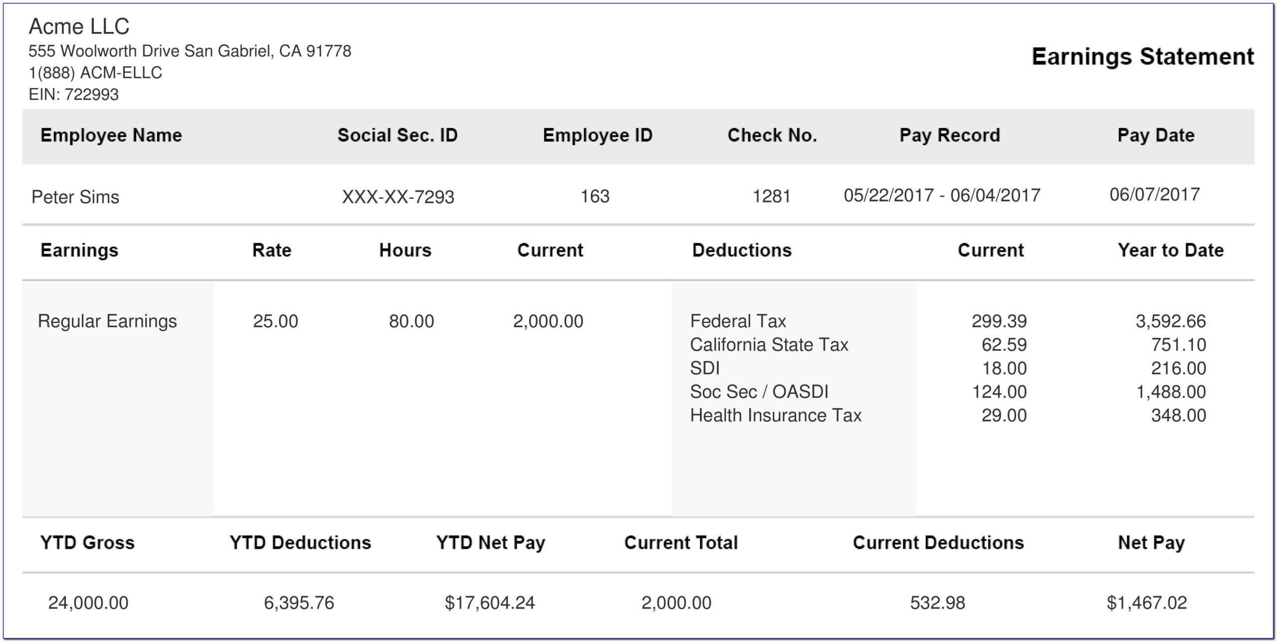 Fake Pay Stub Template Excel
