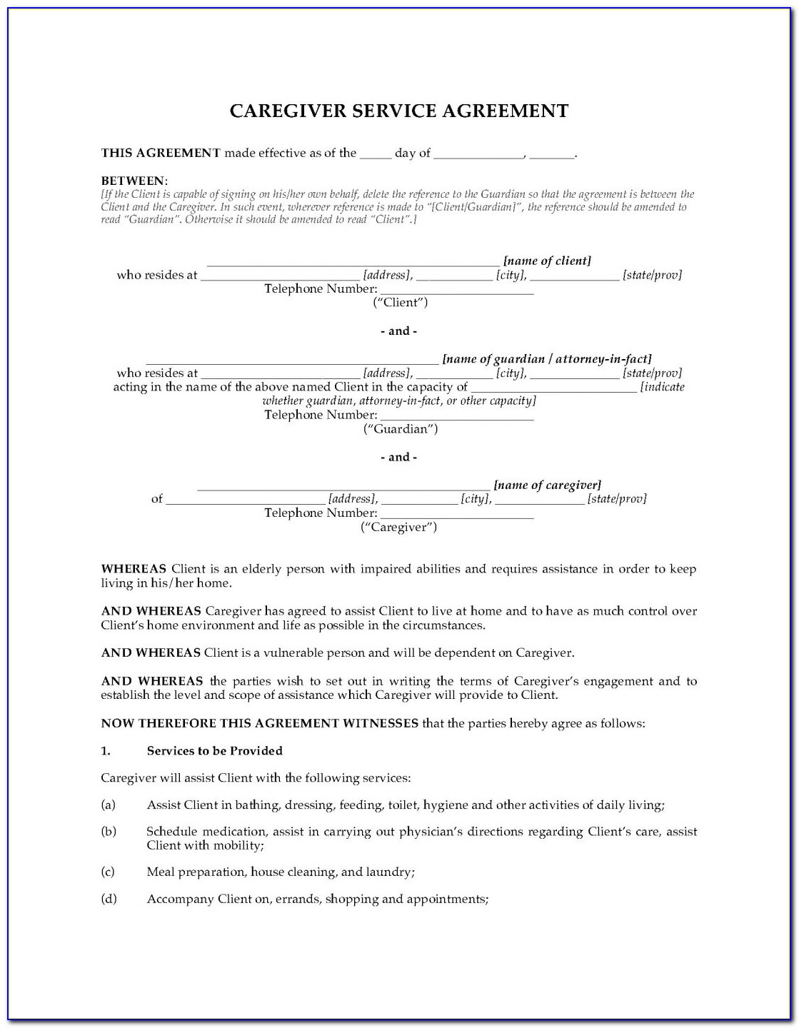 Family Caregiver Agreement Template