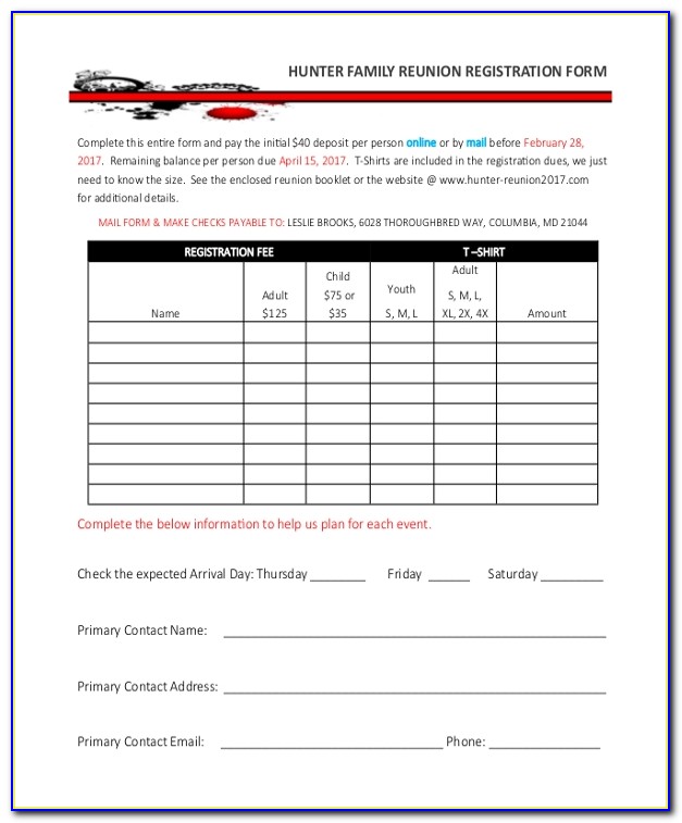 Family Reunion Registration Form Template Free