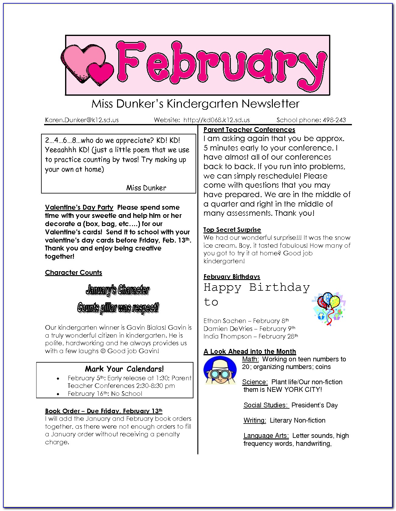 February Newsletter Template Kindergarten