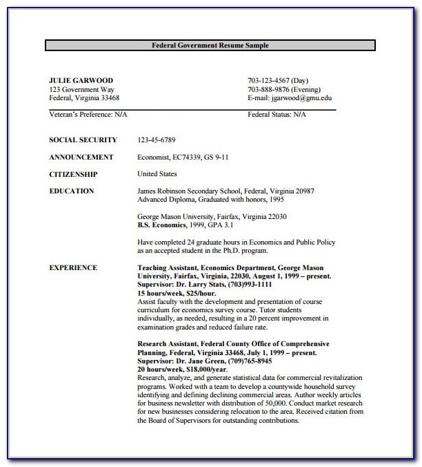 Federal Government Resume Template Free
