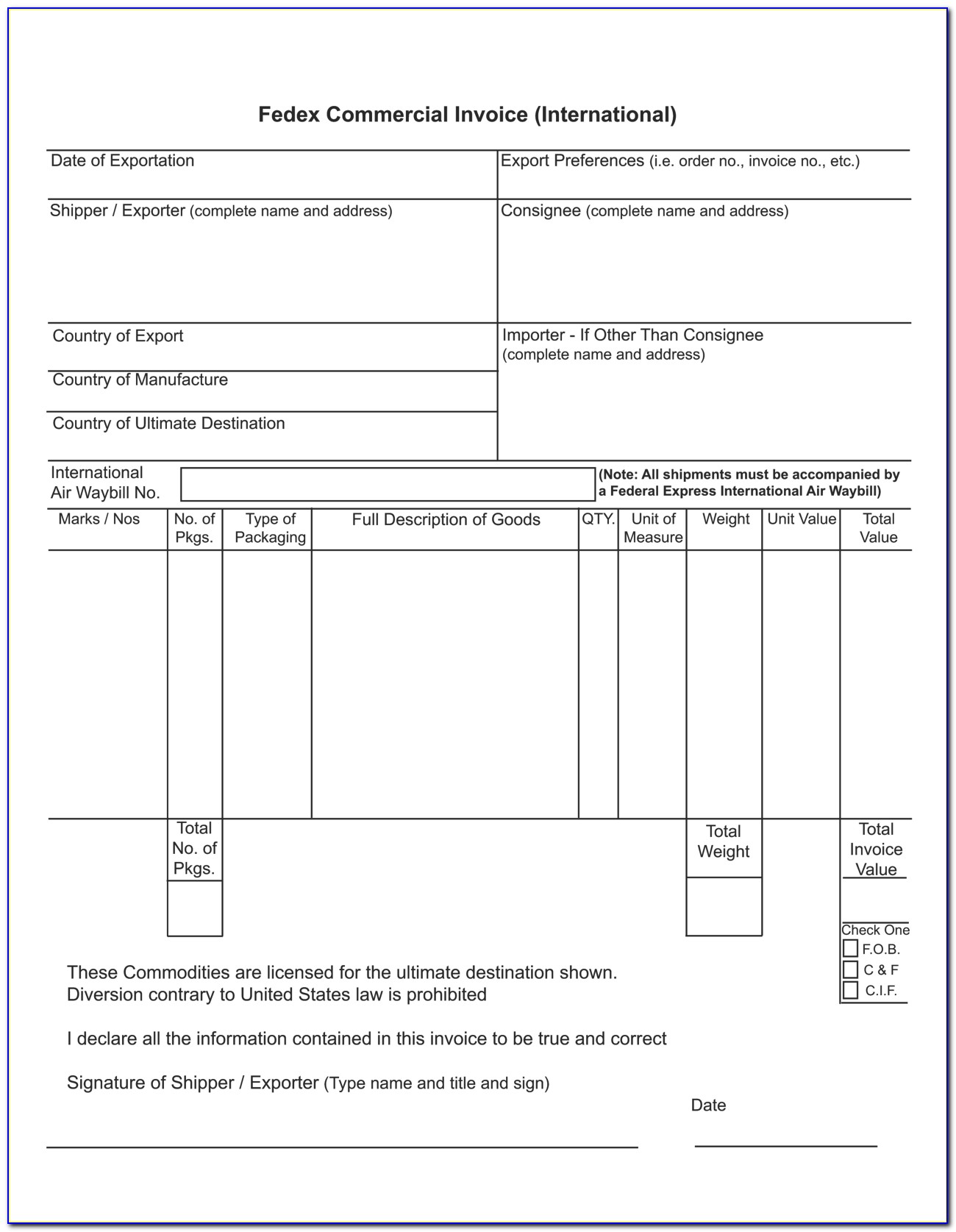 Fedex Bill Of Lading Template