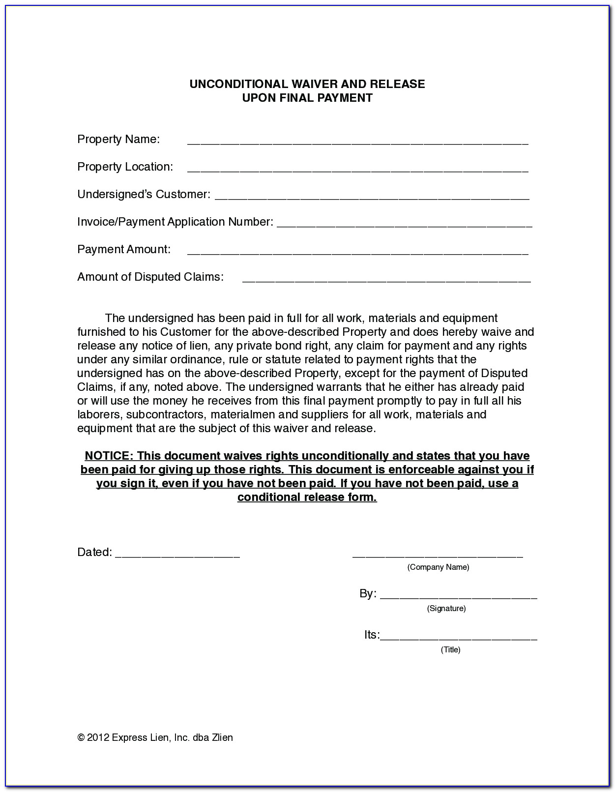 Final Waiver Of Lien Form Free