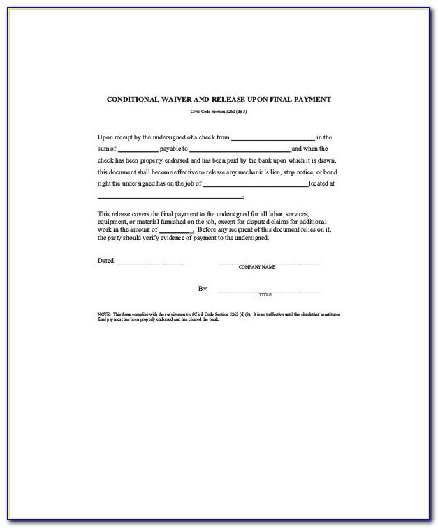 Final Waiver Of Lien Form Indiana