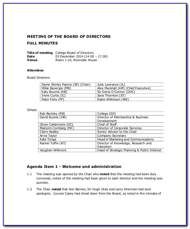 First Board Meeting Minutes Template Uk
