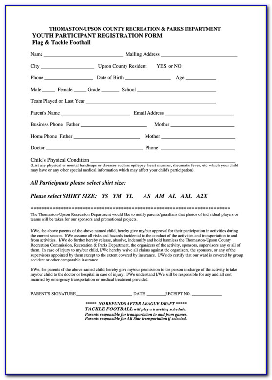 Flag Football Registration Form Template In Word