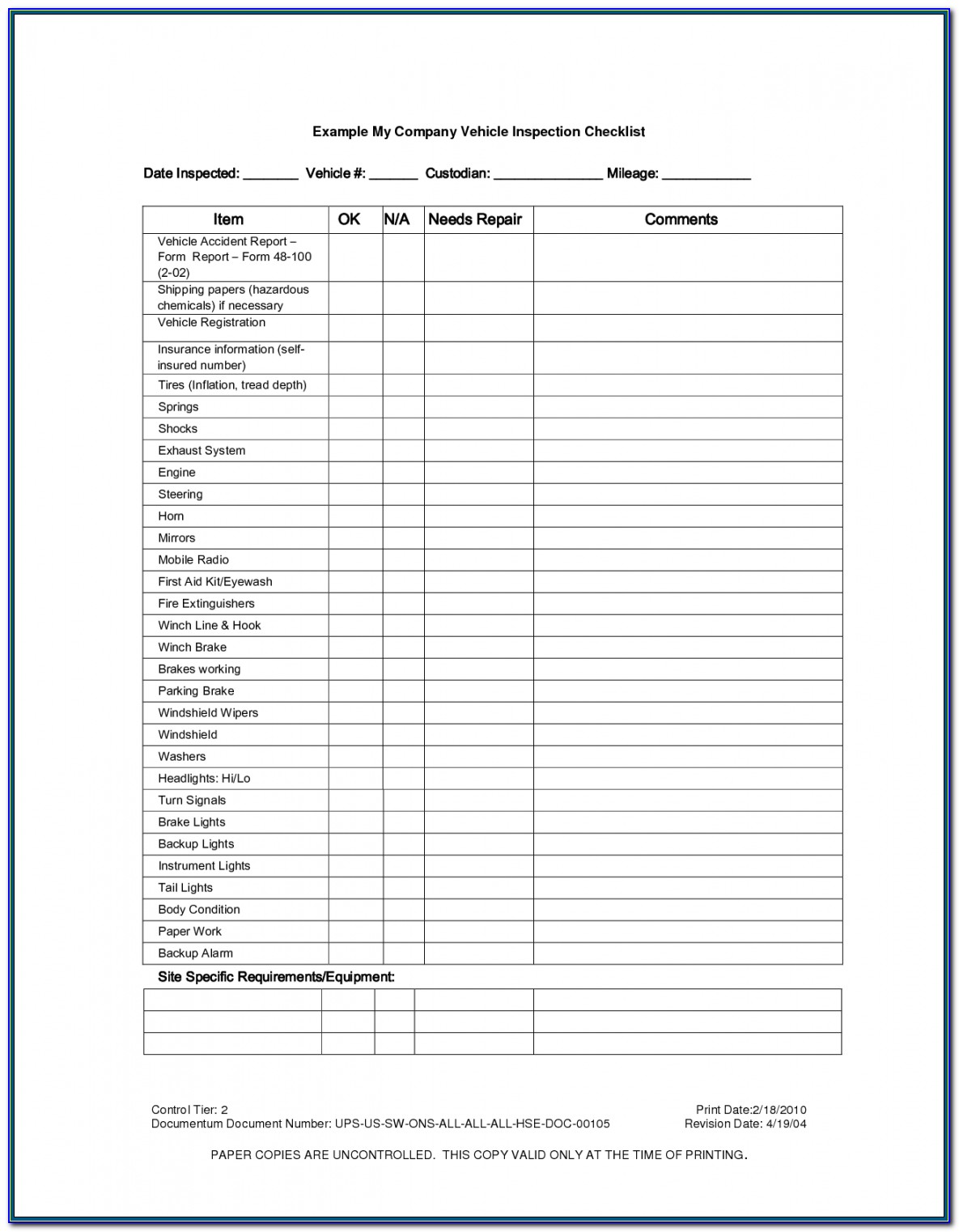 Fleet Vehicle Inspection Checklist Template