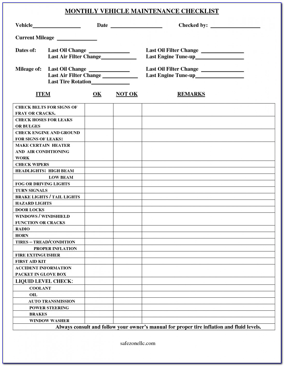Fleet Vehicle Maintenance Checklist Template