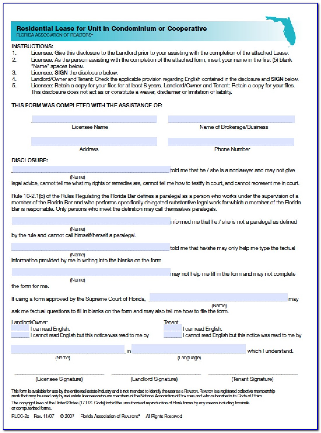 Florida House Lease Agreement Form